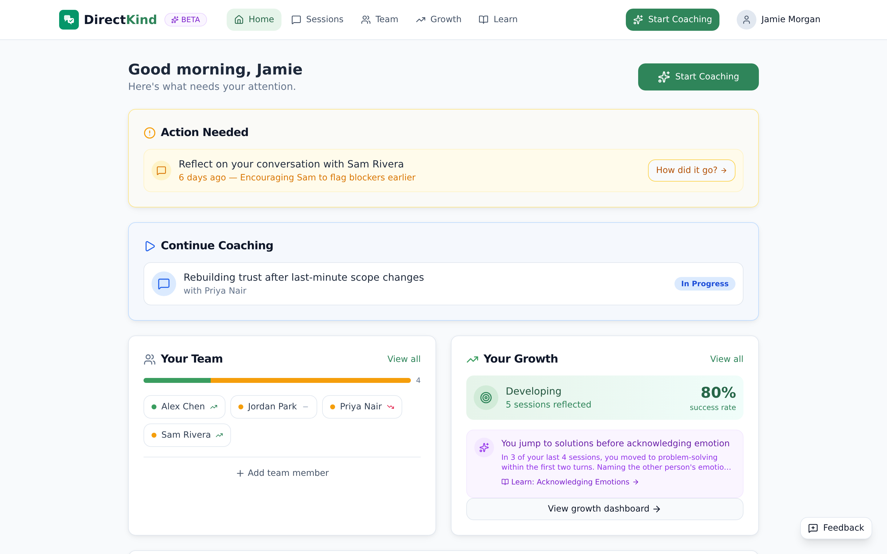 DirectKind dashboard showing your team, coaching sessions, and growth